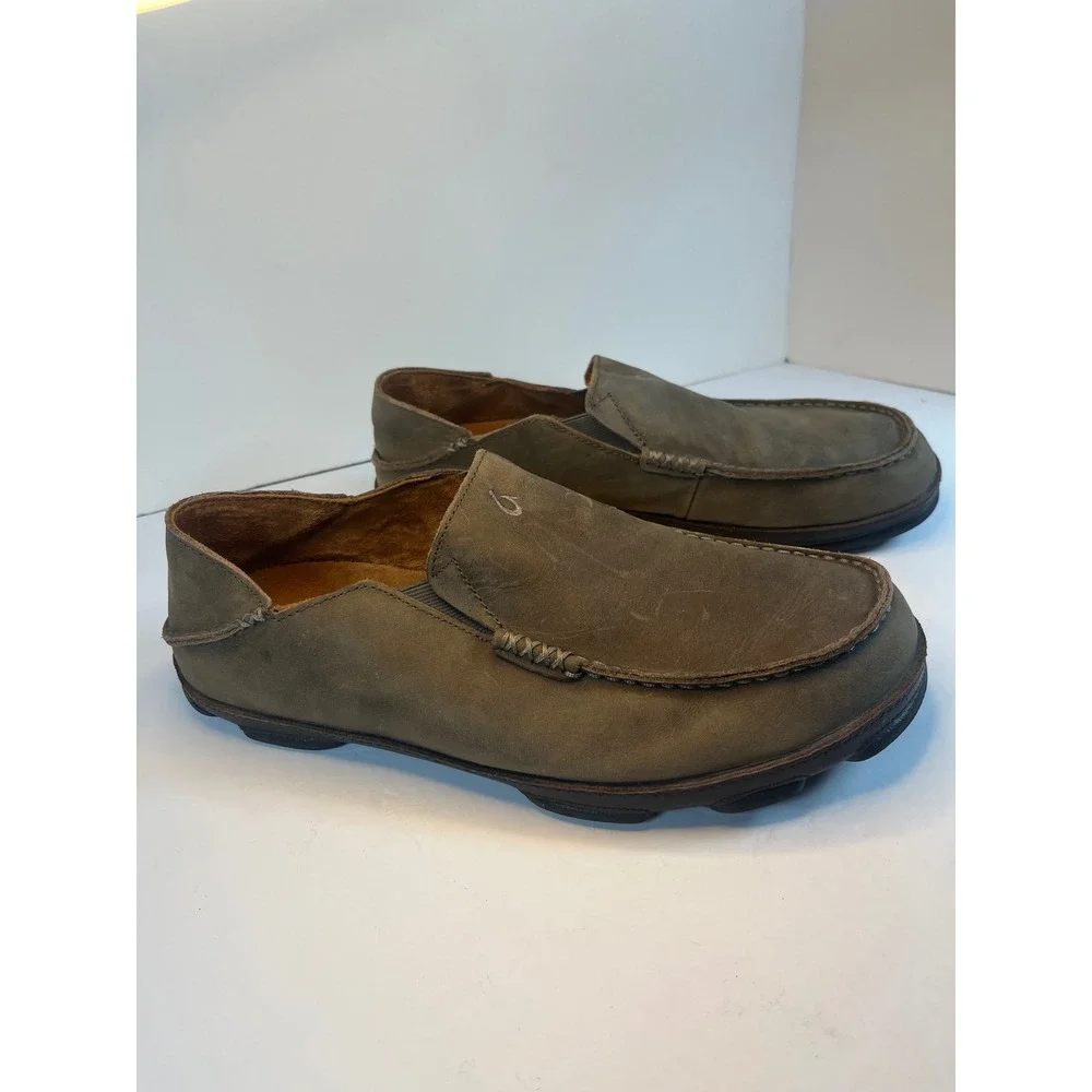 OluKai Moloa Mens Leather Slip On Shoes Dark Gray Green 10128-4T63 Size 11.5
